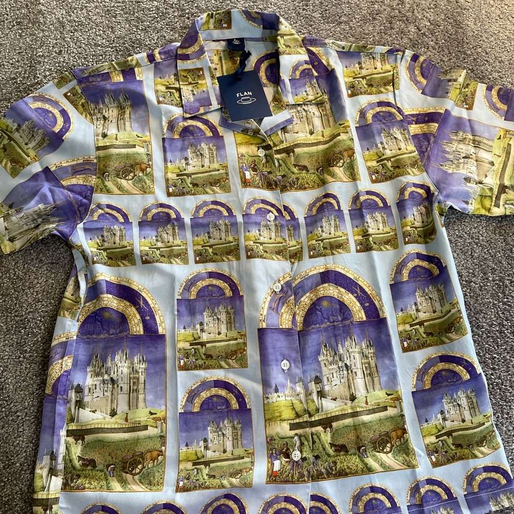 FLAN‎ Short Sleeve Button Up Shirt Size L NWT – Castle Print Pattern Streetwear